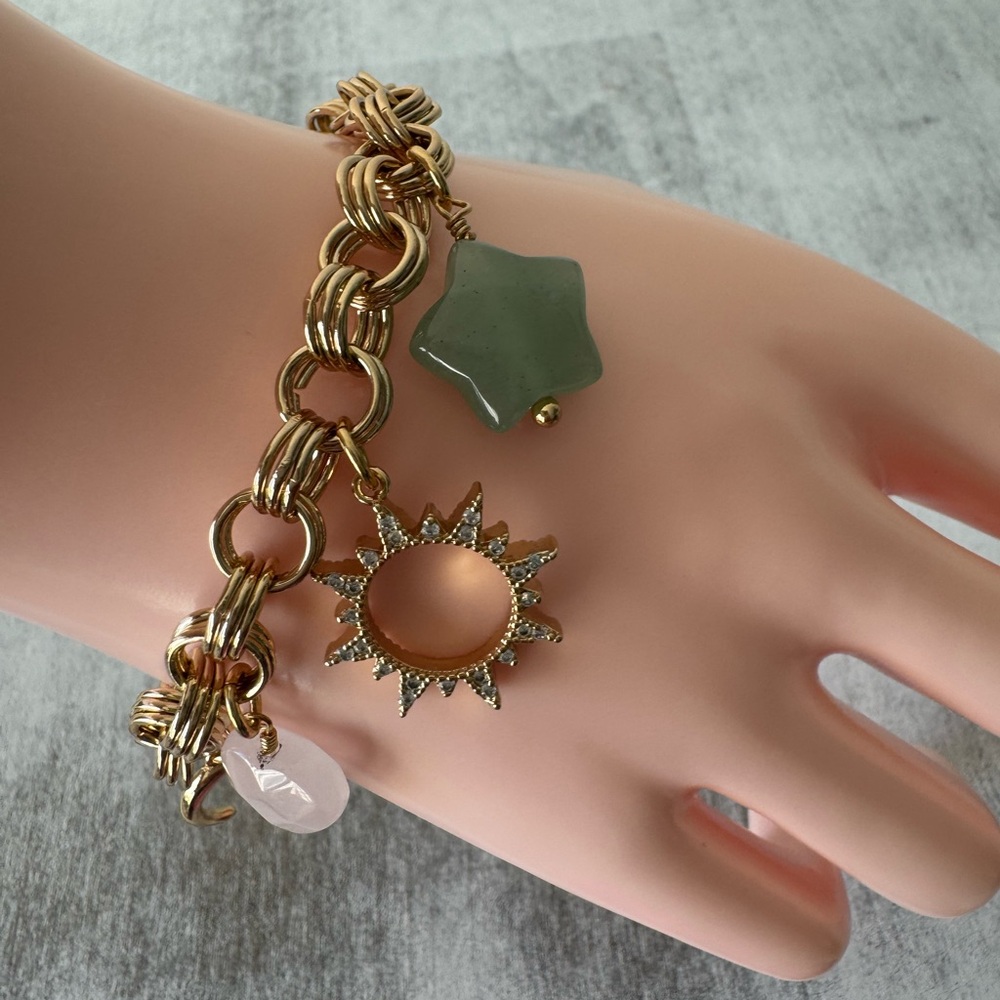 ! Luna Norte Toggle Brass Bracelet Gold Color w Jade & Mother of Pearl Charms